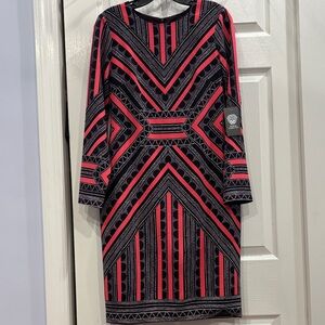 Vince Camuto Black white and Pink Geometric Long Sleeve Dress